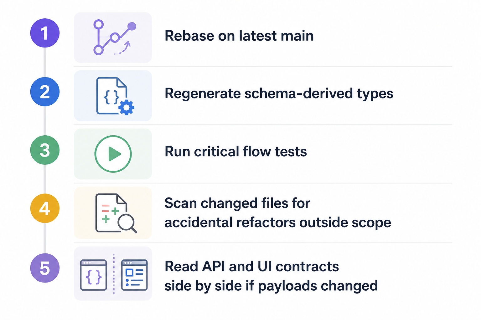 Simple pre-merge checklist for AI-generated changes: rebase on latest main, regenerate schema-derived types, run critical flow tests, scan for out-of-scope refactors, and compare API and UI contracts when payloads change.