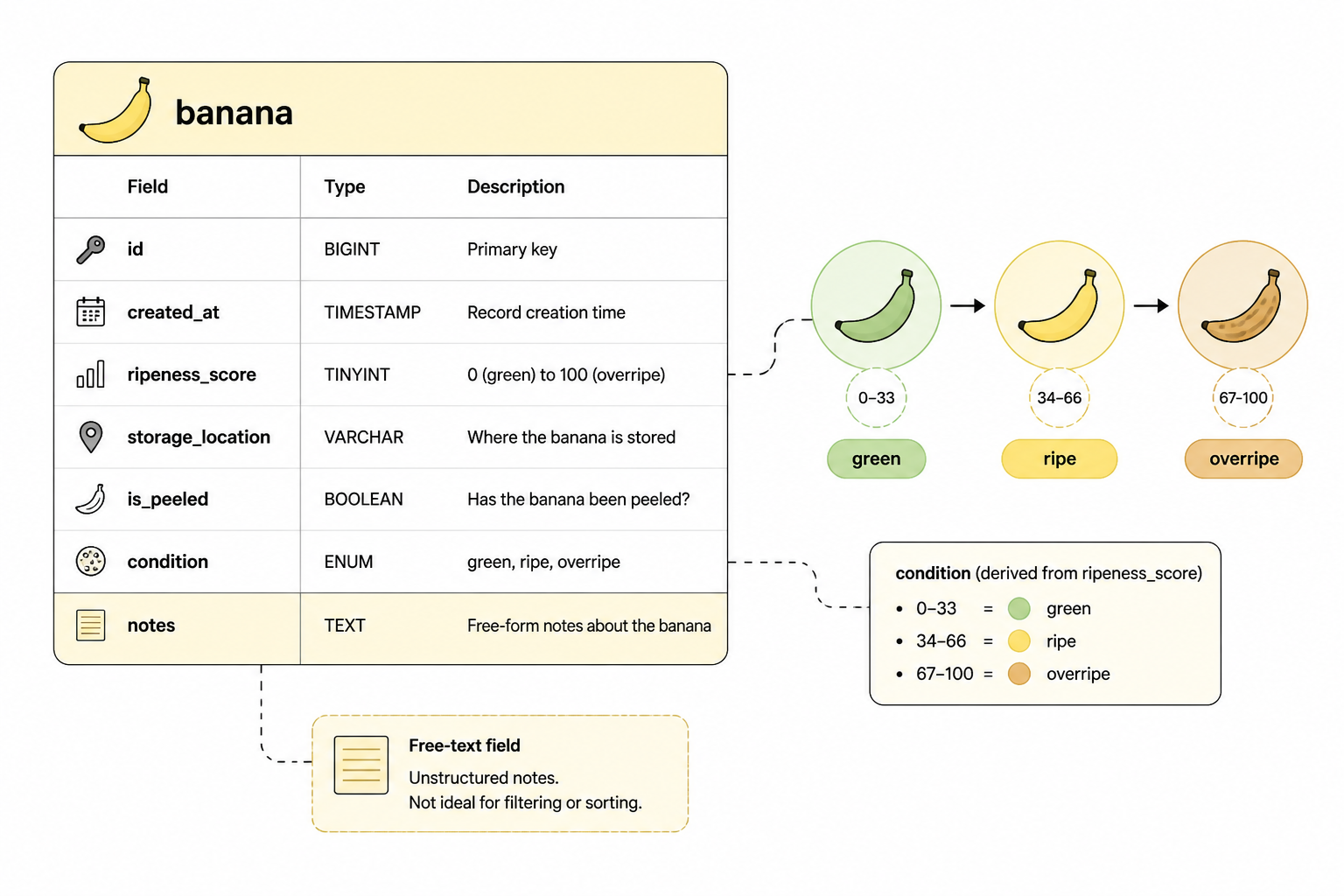 Simple banana record schema showing structured fields—created_at, ripeness_score, notes, storage_location, is_peeled, and condition—and a status flow from green to ripe to overripe, with notes kept separate from filterable fields.