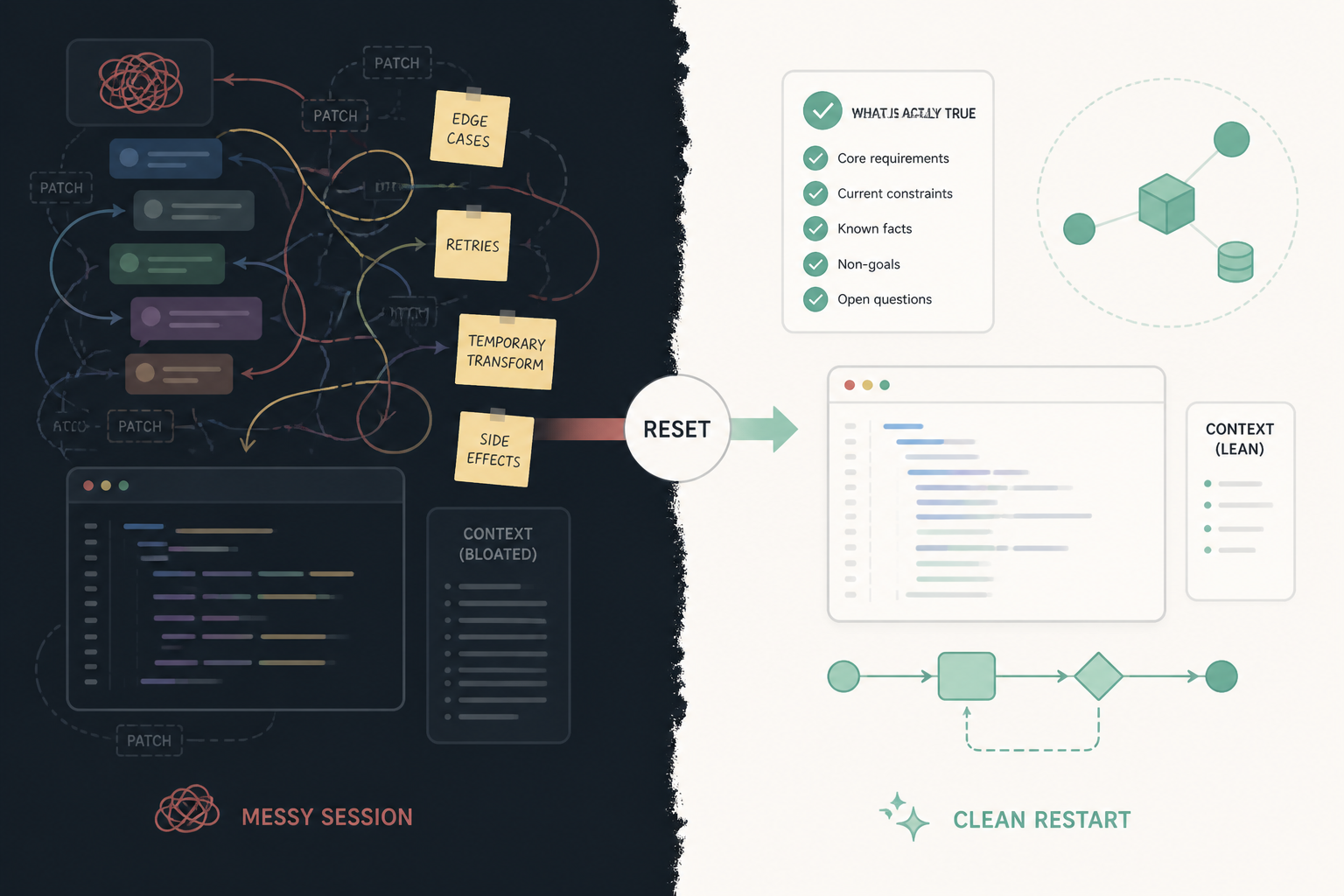 Side-by-side conceptual diagram showing a messy AI coding session accumulating tangled context, edge cases, and side effects, versus a clean restart based on a short written truth set and a rebuilt mental model.
