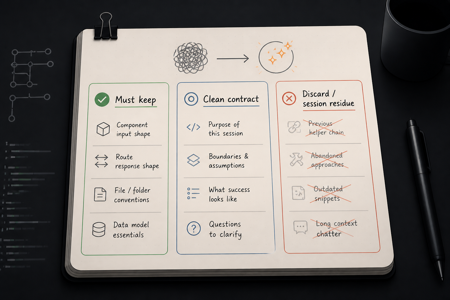 Simple scratchpad diagram showing three columns: required feature behavior, clean data contracts, and untrusted leftovers to discard before restarting the AI session.