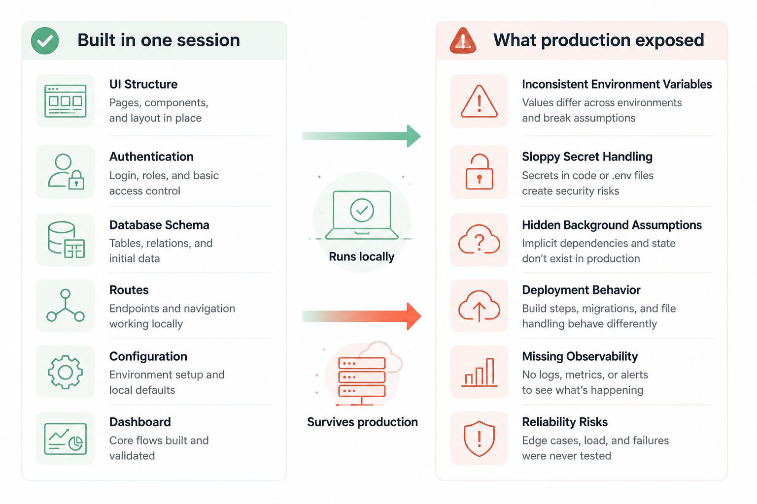 Side-by-side comparison of a local SaaS foundation versus production readiness gaps, including app structure, auth, database, environment variables, secrets, deployment, monitoring, and background jobs.