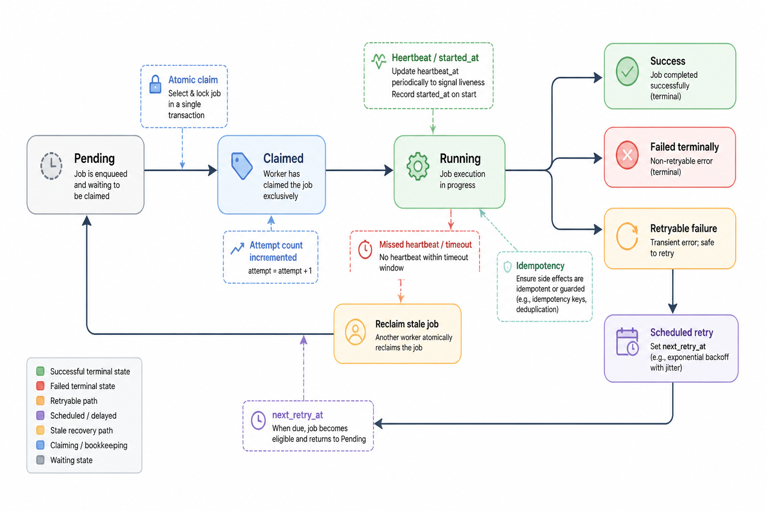 Job runner lifecycle diagram showing jobs moving from pending to claimed to running, then either succeeding, failing terminally, retrying with a next-at timestamp, or being reclaimed from stale running back to pending.