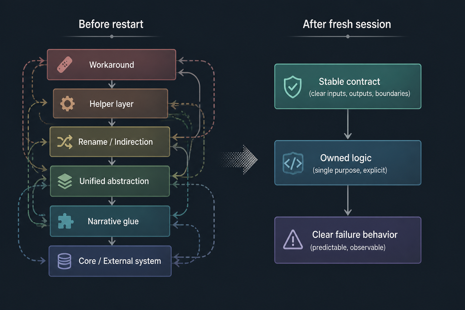 Simple flow diagram showing a tangled multi-layer code path before restart and a shorter, flatter path after cleanup.