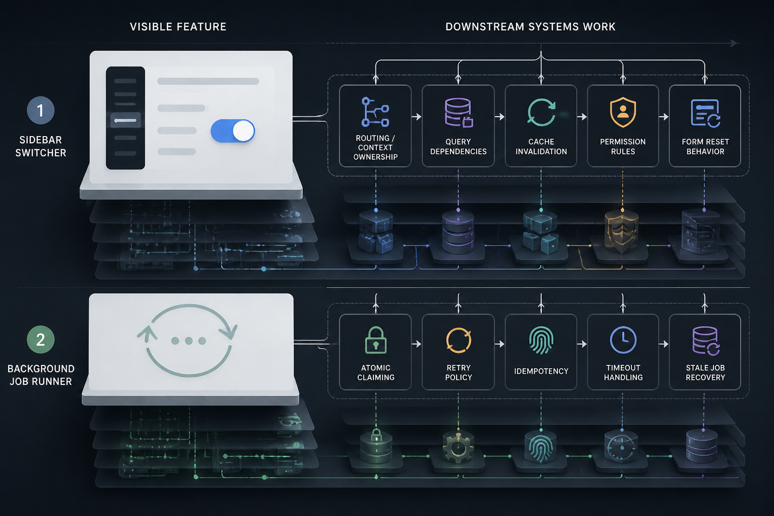 Conceptual before-and-after diagram contrasting a visible feature layer with the hidden downstream systems needed to make it safe and reliable, using examples of a sidebar switcher and a background job runner.