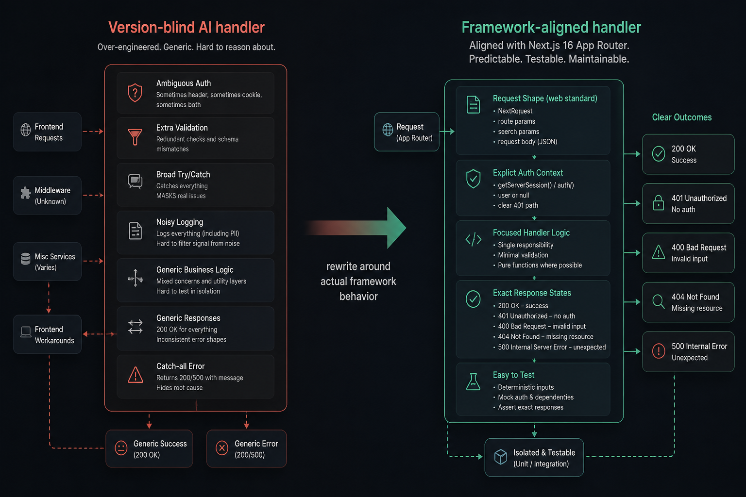 Simple before-and-after diagram comparing an overgeneralized Next.js route handler with a framework-aligned handler that is shorter and matches request, auth, and UI needs.