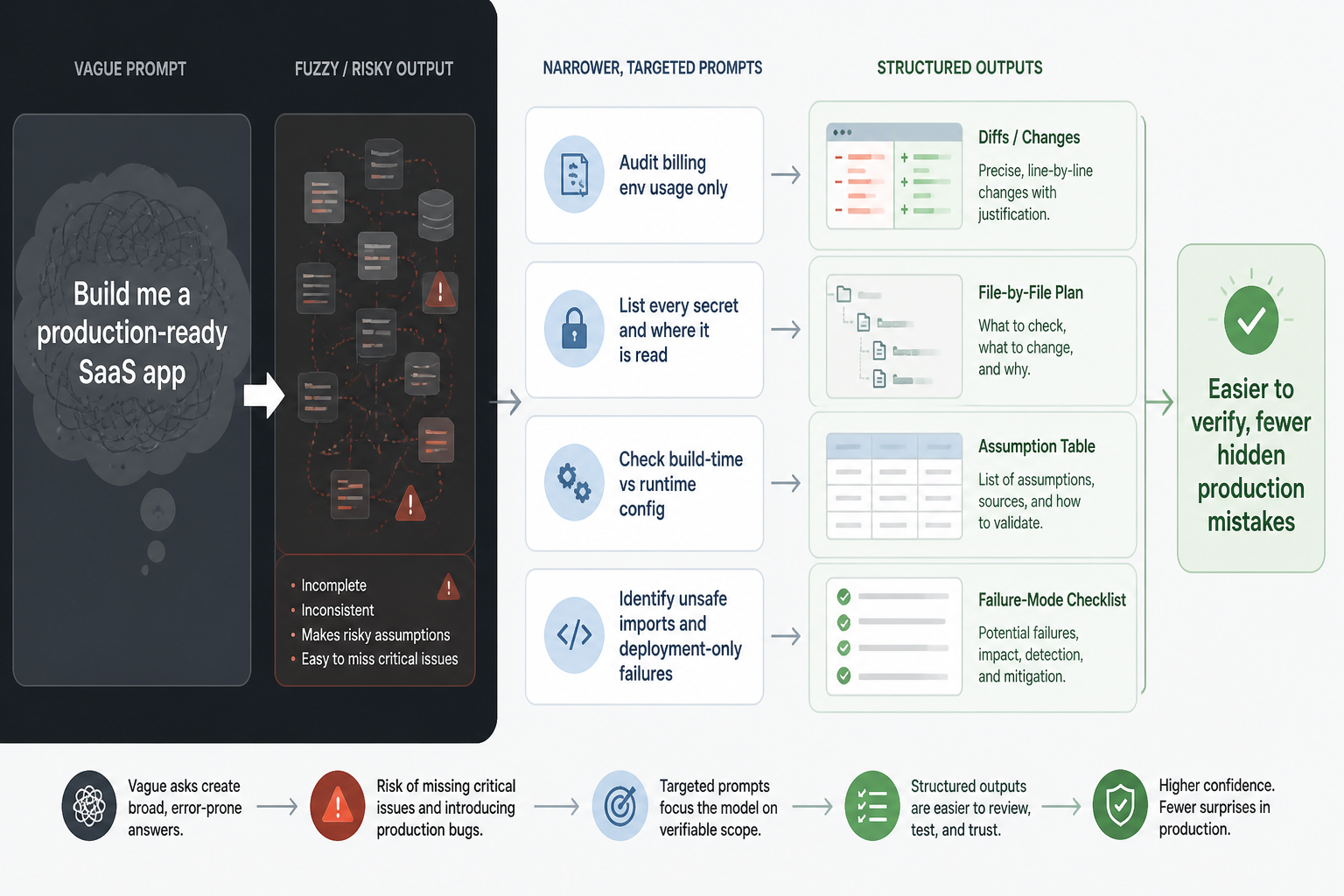 Simple flow diagram showing prompt evolution from broad scaffold requests to targeted production audits, with outputs like diffs, assumption tables, and failure-mode checklists leading to easier verification.