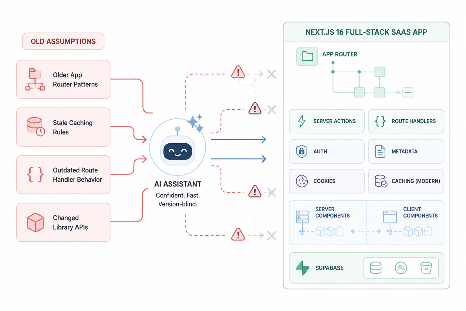 Diagram showing AI-generated code based on outdated Next.js App Router assumptions colliding with a Next.js 16 SaaS app, causing subtle dead ends in caching, route handlers, auth, and server-client boundaries.
